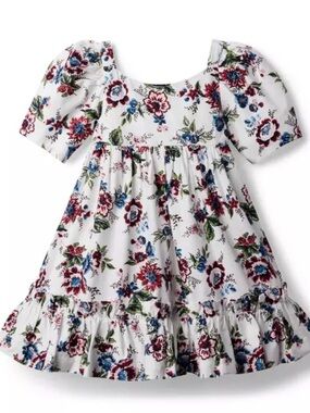 Janie and Jack White Floral Puff-Sleeve Dress with Red and Blue Blooms
